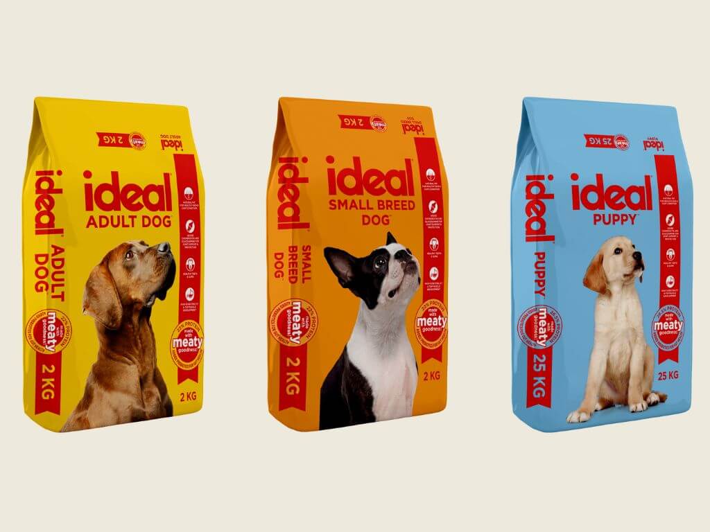 Ideal dog food packaging showing Adult, Small Breed, and Puppy formulas, part of a dog feeding tips guide.