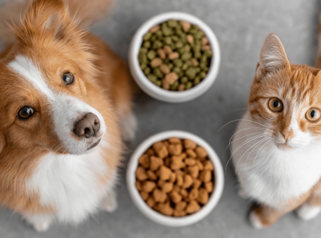 Top-down photo of an orange and white dog and cat sitting patiently next to two bowls of dry pet food kibble.