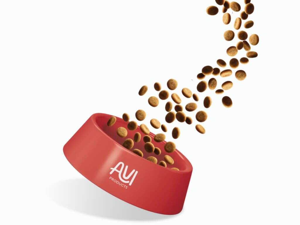 AVI Products pet food bowl with kibble falling into the bowl.